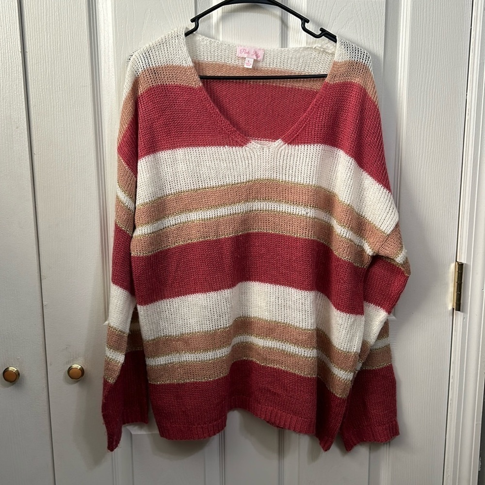 Pink Lily sweater. V neck. Long sleeve. Size L - Picture 1 of 8